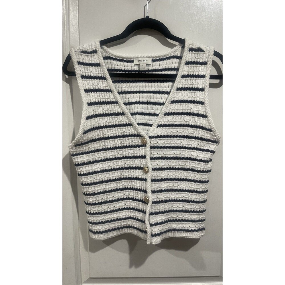 ON 34TH Women’s Large Striped Knit Sweater Vest White Navy Gold Button Cotton